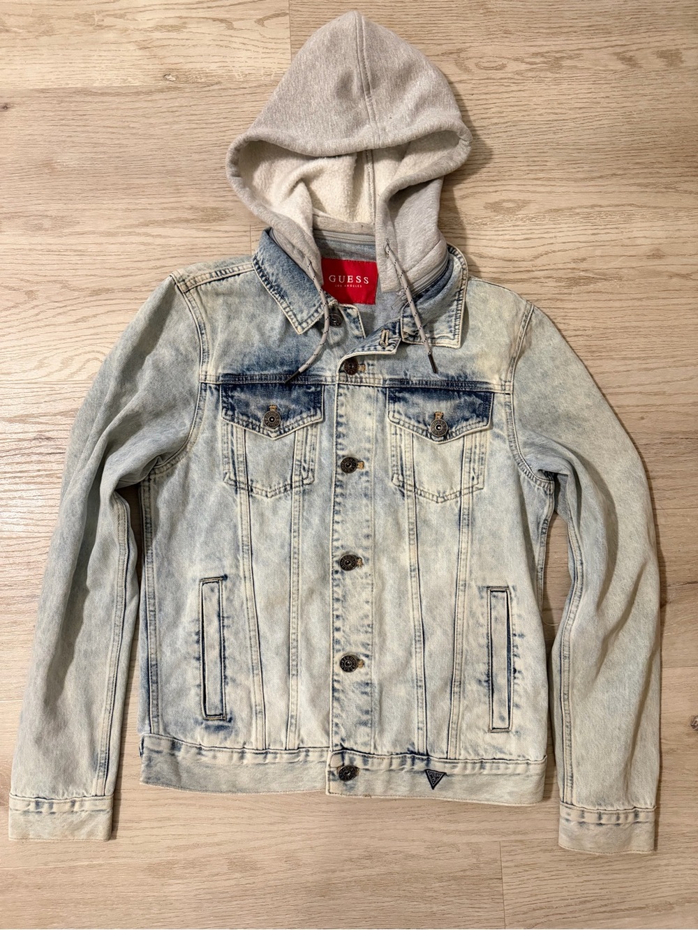 Guess Light Blue Washed Denim Jacket with Gray Removable Hood Unisex